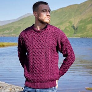 Traditional Aran Sweater for Men | 100% Merino Wool Irish Knit | Damson Fisherman Sweater | Cozy Gift from Ireland