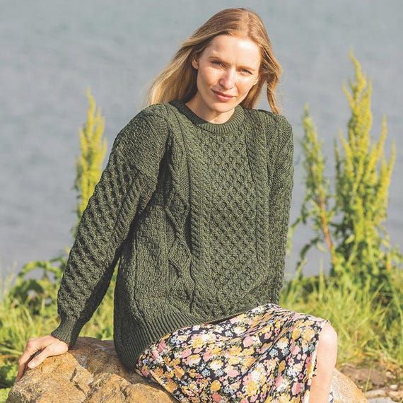 Pull irlandais en laine Aran tricot nid d'abeille léger, vert