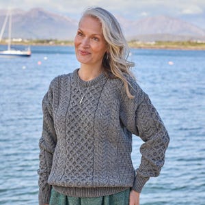 Traditional Aran Sweater for Women | 100% Merino Wool Irish Knit | Grey Fisherman Sweater | Cozy Gift from Ireland