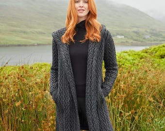 Women’s Hooded Aran Waterfall Cardigan | 100% Merino Wool | Irish Knit | Charcoal Long Cardigan