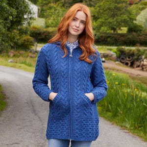Women’s Hooded Aran Zipper Cardigan | 100% Merino Wool | Classic Irish Cardigan | Blue Celtic Long Cardigan | Gift For Her