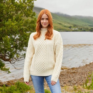 Traditional Aran Sweater for Women | 100% Merino Wool Irish Knit | Cream Fisherman Sweater | Cozy Gift from Ireland