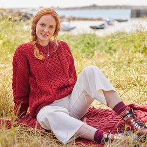 Traditional Aran Sweater for Women | 100% Merino Wool Irish Knit | Red Fisherman Sweater | Cozy Gift from Ireland