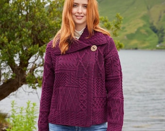 Merino Wool Aran Cardigan: One-Button Irish Knitwear