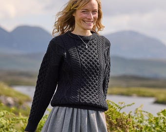 Lightweight Aran Wool Sweater: Irish Knit Honeycomb Stitch Pullover