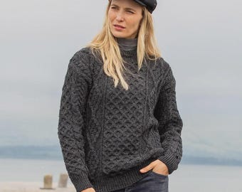 Women’s Heritage Crew Neck Aran Sweater: Charcoal Classic Irish Wool Knit
