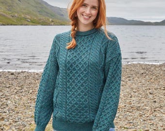 Lightweight Aran Wool Sweater: Irish Knit Honeycomb Stitch Pullover