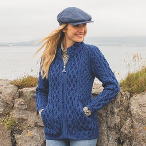 Traditional Aran Zip Cardigan for Women | 100% Merino Wool Irish Knit | Blue Celtic Wool Sweater Jacket | Irish Gift For Her