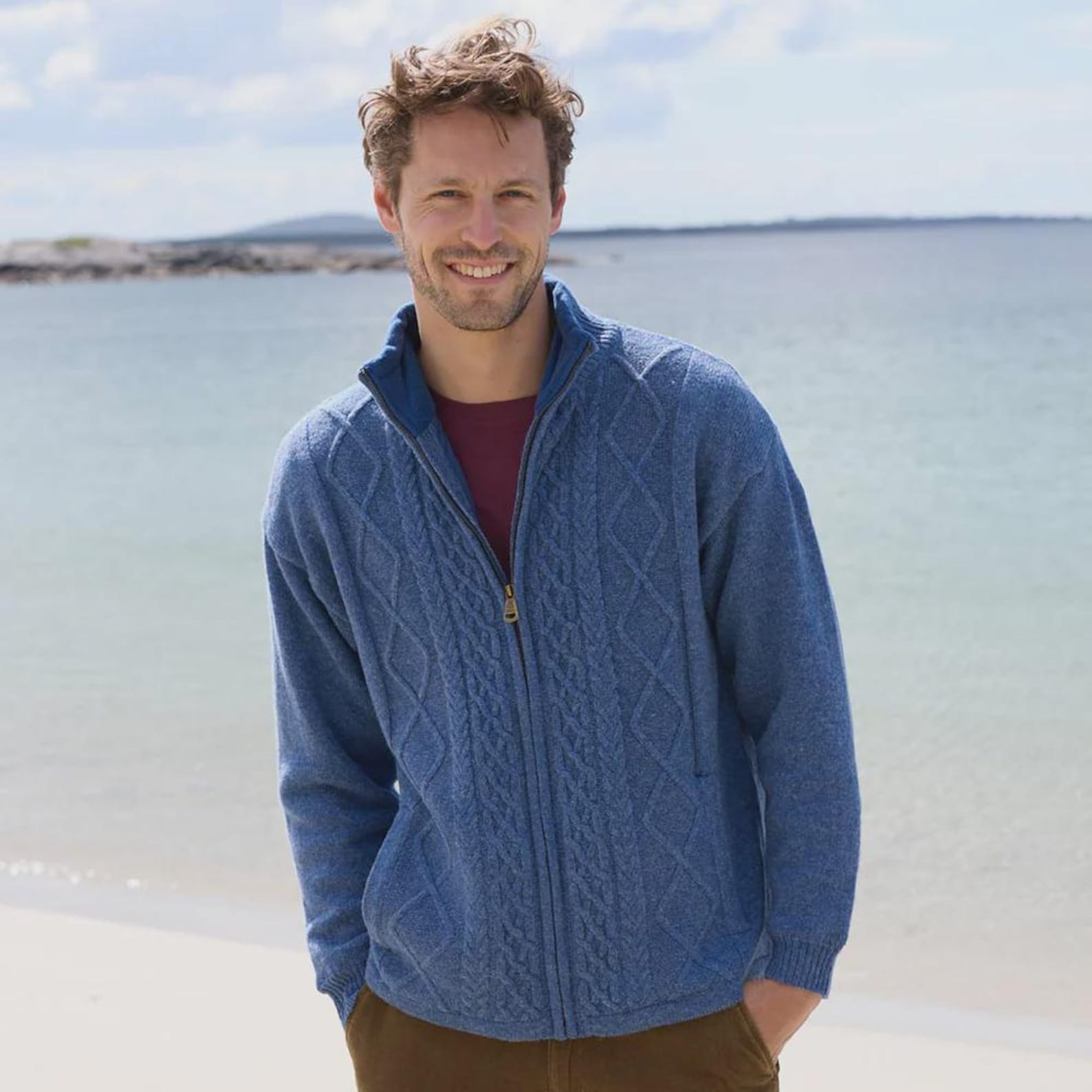 Men’s Signature Lined Fisherman Zipper Cardigan | 100% Shetland Wool | Traditional Aran Knit