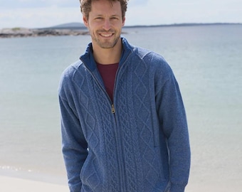 Cardigan da uomo Signature con cerniera e fodera interna / 100% lana Shetland / Lavorazione a maglia Aran tradizionale