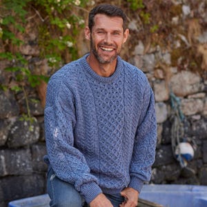 Traditional Aran Sweater for Men | 100% Merino Wool Irish Knit | Denim Blue Fisherman Sweater | Cozy Gift from Ireland