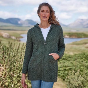 Women’s Hooded Aran Zipper Cardigan | 100% Merino Wool | Classic Irish Cardigan | Army Green | Gift For Her
