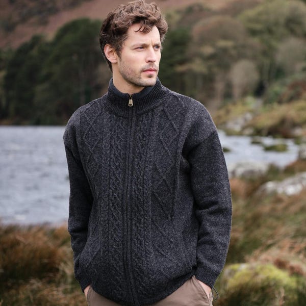 Cardigan zippé style pêcheur doublé signature pour hommes | 100 % laine Shetland | Tricot d'Aran traditionnel