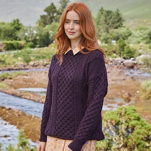 Women’s Lightweight Aran Sweater | 100% Pure New Wool Irish Knit Jumper | Honeycomb Stitch | Damson Pullover | Unisex Fit