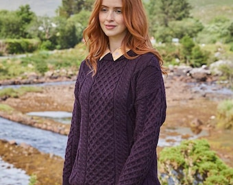 Lightweight Aran Wool Sweater: Irish Honeycomb Knit Damson Pullover