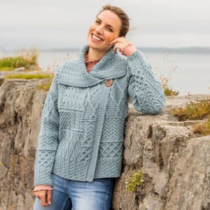 One-Button Aran Cardigan for Women | 100% Merino Wool Irish Knitwear | Blue Celtic Wool Sweater | Cozy Gift For Her