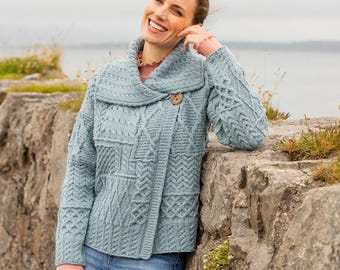 Merino Wool Aran Cardigan: One-Button Irish Knitwear, Crafted in Ireland