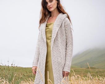 Women’s Hooded Aran Waterfall Cardigan | 100% Merino Wool | Irish Knit | Oatmeal Long Cardigan