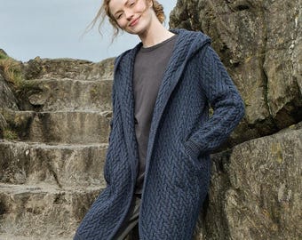 Women’s Hooded Aran Waterfall Cardigan | 100% Merino Wool | Irish Knit | Mallard Blue Long Cardigan