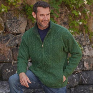 Men’s Signature Lined Fisherman Zipper Cardigan | 100% Shetland Wool | Traditional Aran Knit