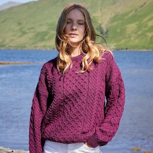 Traditional Aran Sweater for Women | 100% Merino Wool Irish Knit | Damson Fisherman Sweater | Cozy Gift from Ireland