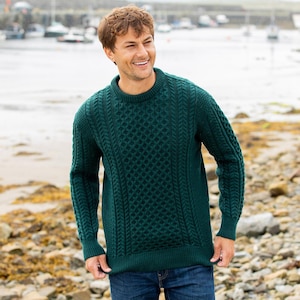 Traditional Aran Sweater for Men | 100% Merino Wool Irish Knit | Dark Green Fisherman Sweater | Cozy Gift from Ireland