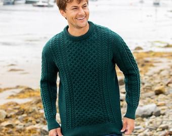 Men's Dark Green Aran Sweater: 100% Merino Wool Irish Knit