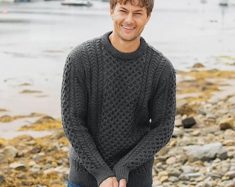 Charcoal Merino Wool Aran Sweater: Traditional Irish Knit, Gift from Ireland