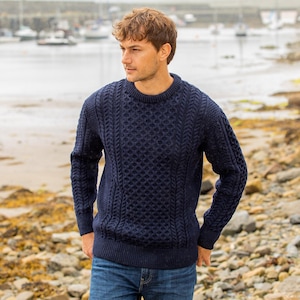 Traditional Aran Sweater for Men | 100% Merino Wool Irish Knit | Navy Fisherman Sweater | Cozy Gift from Ireland