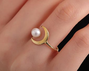 Einstellbare Sterling Silber Ring-Zierliche Mond Ring-14K Gold Weiße Perle & Halbmond Ring-Handmade Rin-Muttertag Geschenk-Weihnachtsgeschenk