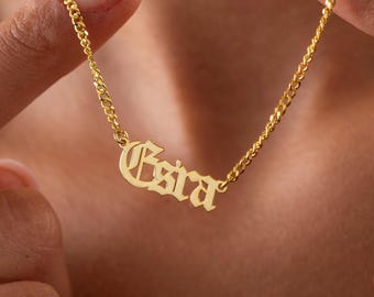 Old English Name Necklace | Gothic Name Necklace-14K Gold Name Necklace-Goth Necklace-Nameplate Necklace-Mothers Day Gift-Christmas Gift