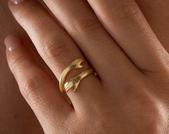 ハグハンドリング - スターリングシルバー ハグハンドリング - ゴールドスターリングシルバーリング - ミニマリストリング - ラブリング - 女性へのギフト - クリスマスギフト