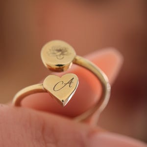 Anel de coração e círculo personalizado - Anel de flor de nascimento personalizado - Anel de letra personalizado com flor de nascimento em círculo - Presente para mãe - Presente para ela