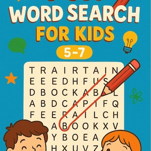 May include: A colorful illustration of a word search puzzle for kids ages 5-7. The puzzle features a grid of letters with words to find, including "train", "book", and "cap". Two children are shown, one with a pencil and the other with a piece of paper.