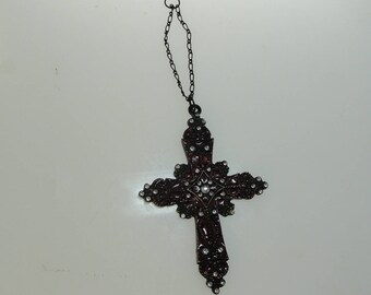 Vintage Large Ornate Japanned Enameled Rhinestone Crucifix Cross on Chain