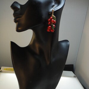 Vintage Pierced Cluster Dangle Red Balls Green Leaves Earrings