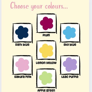 May include: A light beige poster with the text "Choose your colours..." and flower illustrations. It displays seven color options: dark blue, plum, sky blue, lemon yellow, sakura pink, apple green, and lilac purple, each in a cloud shape.