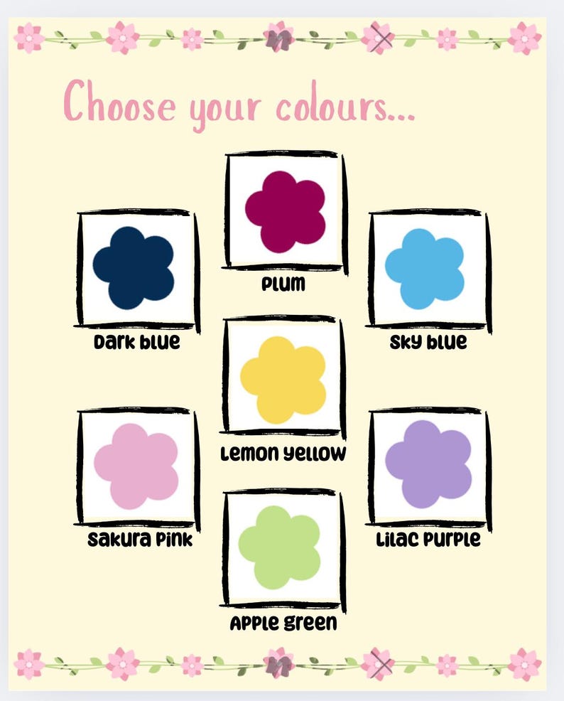 May include: A light beige poster with the text "Choose your colours..." and flower illustrations. It displays seven color options: dark blue, plum, sky blue, lemon yellow, sakura pink, apple green, and lilac purple, each in a cloud shape.