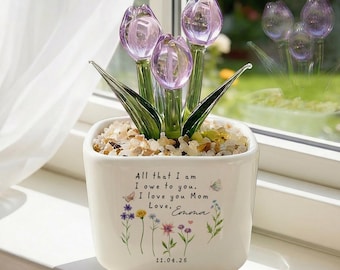 Glass Tulip Flower Pot for Mom, Personalized Mother’s Day Gift, Handmade Everlasting Flower, Custom Keepsake for Her
