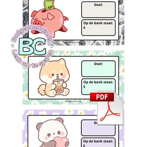 Puede incluir: Un PDF digital imprimible con tres personajes de dibujos animados: una alcancía rosa, un Shiba Inu con una bebida y un panda sosteniendo un corazón. Cada uno tiene una sección para escribir un objetivo y la cantidad ahorrada.