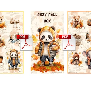 Può includere: Illustrazioni ad acquerello di una Cozy Fall Box con un panda, un orso e un elefante in abiti autunnali. L'immagine include un topo, un coniglio, un fungo e altri elementi a tema autunnale. Il testo "COZY FALL BOX" è visualizzato.