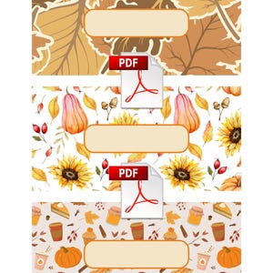 May include: Three digital planner covers with autumn themes and blank labels. Designs include leaves, pumpkins, sunflowers, and food illustrations. Each cover has a PDF icon.