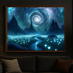 Glowing Alien Flower Field Print – Surreal Galaxy Landscape Wall Art, Cosmic Night Sky Poster, Fantasy Home Decor