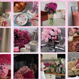 May include: A collage of twelve images featuring pink and floral themes, including macarons, lattes with flower petals, bouquets of pink roses and carnations, a pink smoothie, pancakes with berries, and a woven basket filled with dried flowers.
