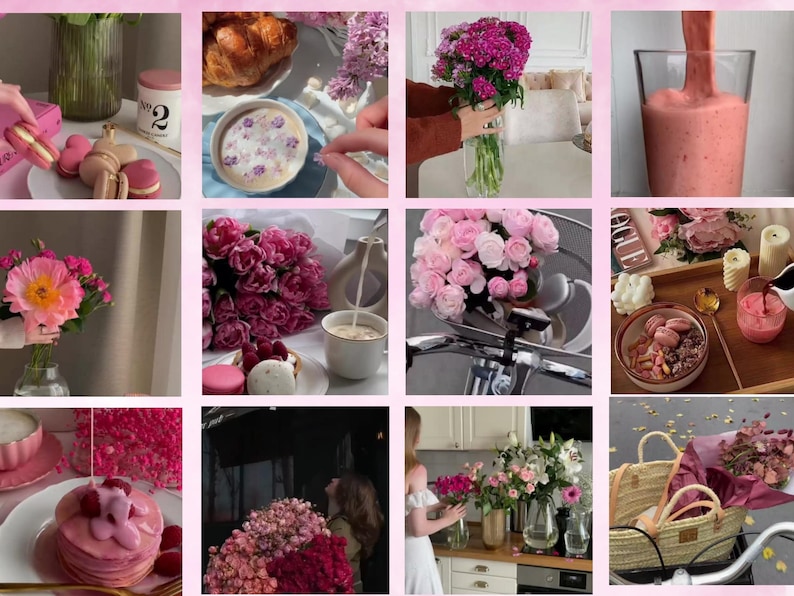 May include: A collage of twelve images featuring pink and floral themes, including macarons, lattes with flower petals, bouquets of pink roses and carnations, a pink smoothie, pancakes with berries, and a woven basket filled with dried flowers.