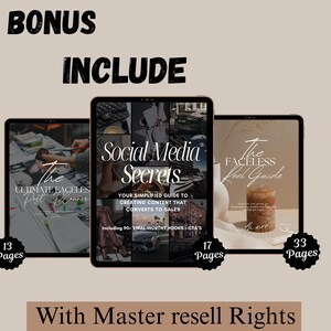 Bonus included with faceless reels bundle: Social Media Secrets, Faceless Reel Guide, and Ultimate Faceless Post Planner with master resell rights.