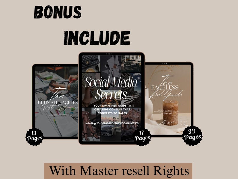 Bonus included with faceless reels bundle: Social Media Secrets, Faceless Reel Guide, and Ultimate Faceless Post Planner with master resell rights.