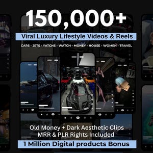 Puede incluir: Imagen que presenta múltiples pantallas de teléfonos inteligentes que muestran videos y reels de estilo de vida de lujo. El texto destaca "150.000+" videos, con temas que incluyen automóviles, jets, yates y viajes. Texto adicional menciona clips de "Old Money" y "1 Million Digital products Bonus."