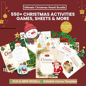 Könnte beinhalten: Ein Bündel von weihnachtlichen Aktivitätsbüchern, Spielen und Blättern. Das Bild zeigt einen Schneemann, den Weihnachtsmann und eine Schneekugel. Der Text enthält "Ultimate Christmas Resell Bundle" und "550+ CHRISTMAS ACTIVITIES GAMES, SHEETS & MORE."