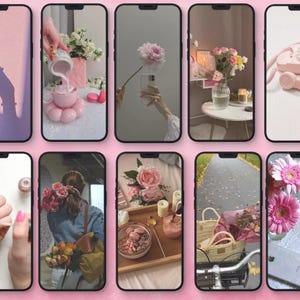 May include: A collection of ten smartphone screens displaying various aesthetic images including a butterfly shadow, pink floral arrangements, a vintage pink telephone, manicured pink nails, a bicycle with a basket of flowers, and a wooden tray with food.